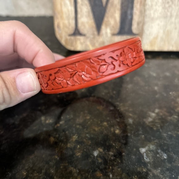 Vintage Red Carved Chinese Cinnabar Bangle Bracelet Peach Blossum Branch - Picture 2 of 5